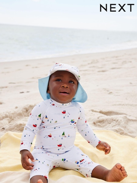 Pale Blue Boats Sunsafe Swimsuit & Hat 2 Piece Set (3mths-7yrs) (N04689) | €9 - €12