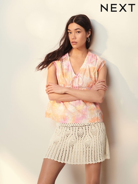 Pink Tie Dye Broderie V-Neck Lace Detail Short Sleeve Top (N04748) | AED8