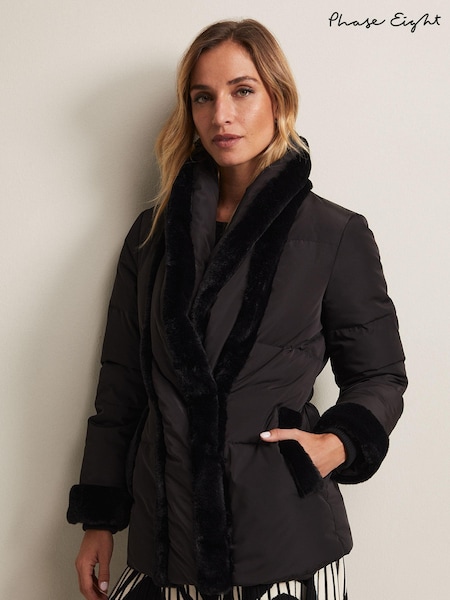 Phase Eight Black Faux Fur Nelle Short Puffer Coat (N04988) | €102