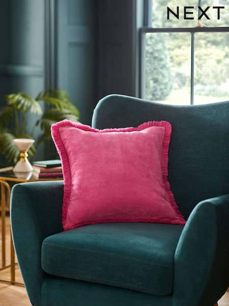 Fuchsia Pink 45 x 45cm Soft Velour Fringe Cushion (N05001) | 49 QAR