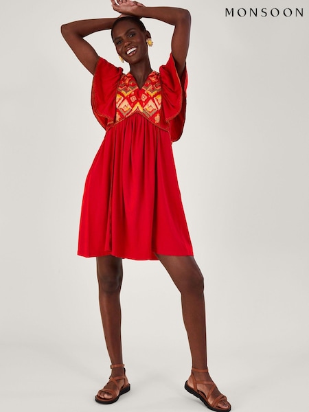 Monsoon Red Embroidered Ruffle Sleeve Jersey Dress (N05040) | €31