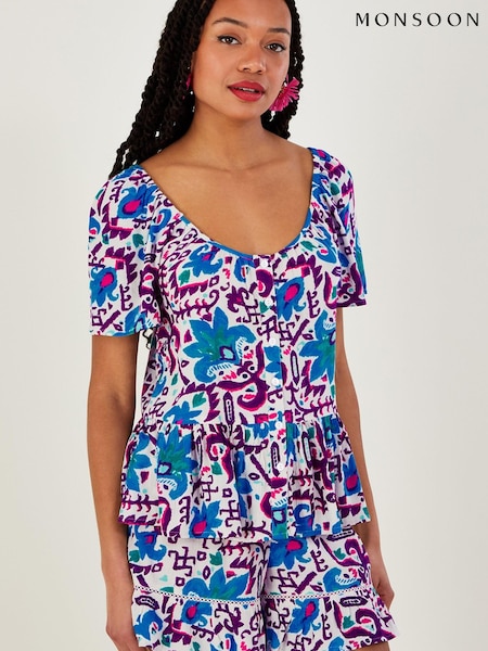Monsoon Blue Fire Flower Ikat Print Short Sleeve Top in LENZING™ ECOVERO™ (N05041) | €21.50