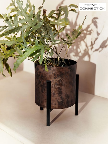 French Connection Black/Bronze Small Patina Metal Stand Plant Pot (N05240) | €61