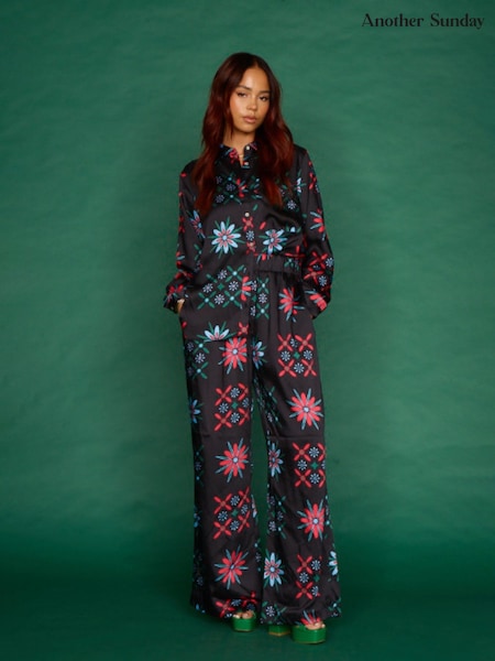 Another Sunday Satin Wide Leg Printed Trouser With Elasticated Waist In Print (N05546) | €24