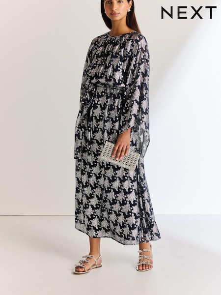 Navy Occasion Metallic Long Sleeve Dress (N06149) | €39