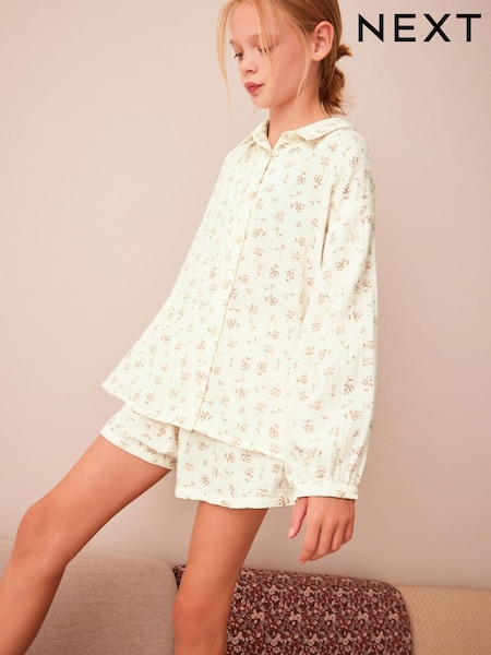 Neutral Floral Print Button Through Short Pyjamas (6-16yrs) (N06652) | € 17 - € 22