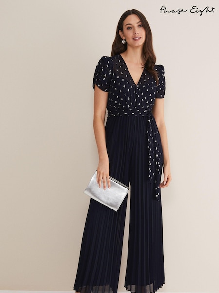 Phase Eight Blue Molli Spot Pleated Jumpsuit (N06748) | €102