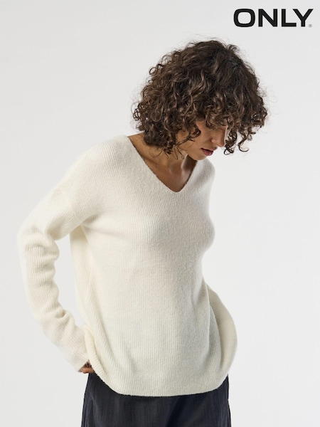 ONLY White V-Neck Puff Sleeve Knitted Jumper (N07173) | €23