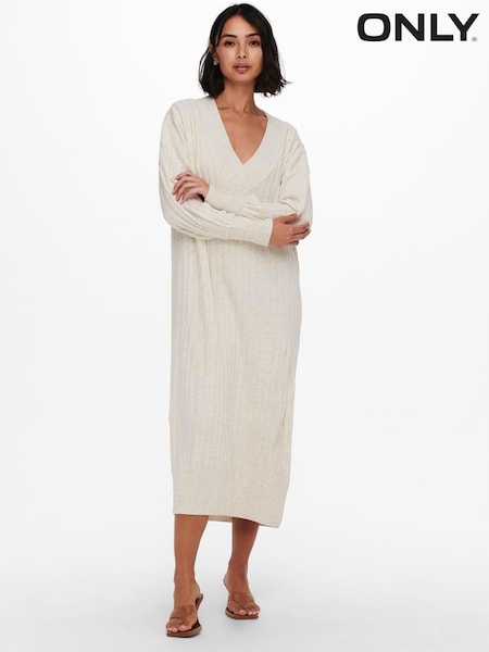 ONLY Cream V-Neck Midi Knitted Jumper Dress (N07178) | $55