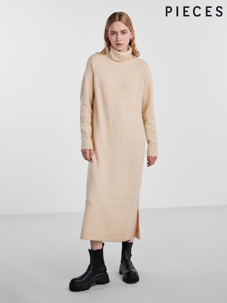 PIECES Cream Roll Neck Knitted Midi Jumper Dress (N07301) | €17.50