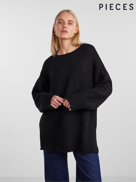 PIECES Black Oversized Round Neck Longline Jumper (N07307) | €26