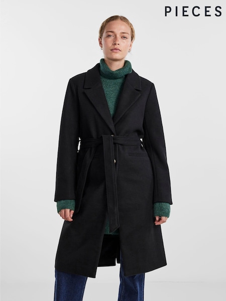 PIECES Black Tie Waist Button Up Smart Coat (N07317) | €44.50