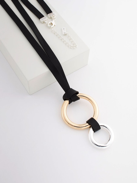 Black Cord Mixed Metal Long Pendant Necklace (N07731) | €5