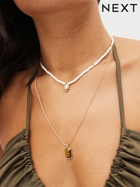 White Bead Gold Tone Chain Two Layer Necklace Made with Recycled Metal (N07759) | €8