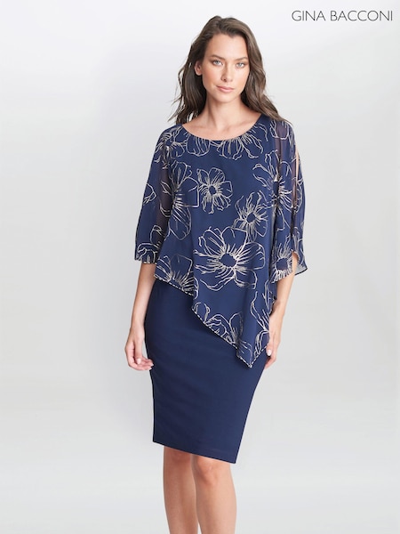 Gina Bacconi Blue Fiona Floral Glittered Asymmetric Dress (N09007) | €95