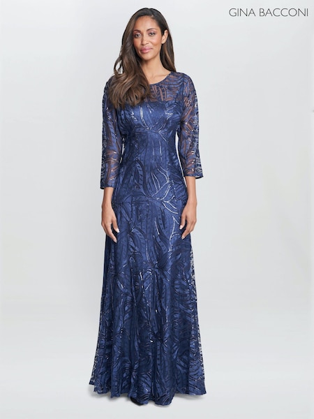 Gina Bacconi Blue Isabel Maxi Embroidered A-Line Dress With Illusion Neckline (N09021) | €82