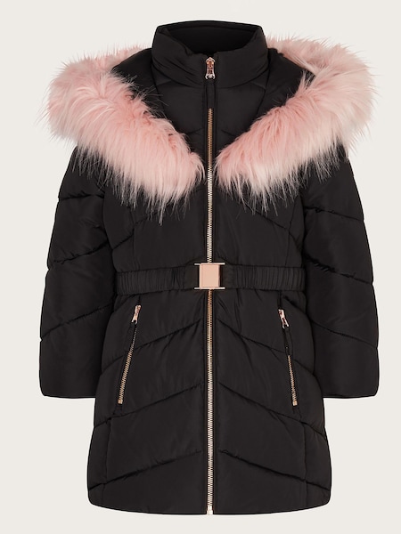 črna/rožnata - Monsoon Belted Faux Fur Hooded Coat (N09038) | € 33 - € 39