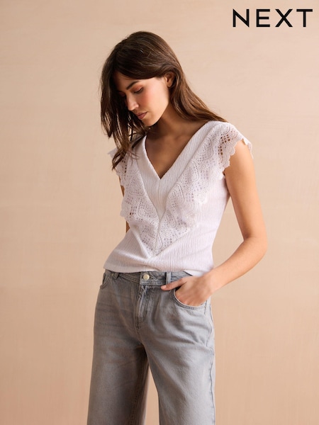 White Short Sleeve Crochet Trim Top (N09074) | OMR3