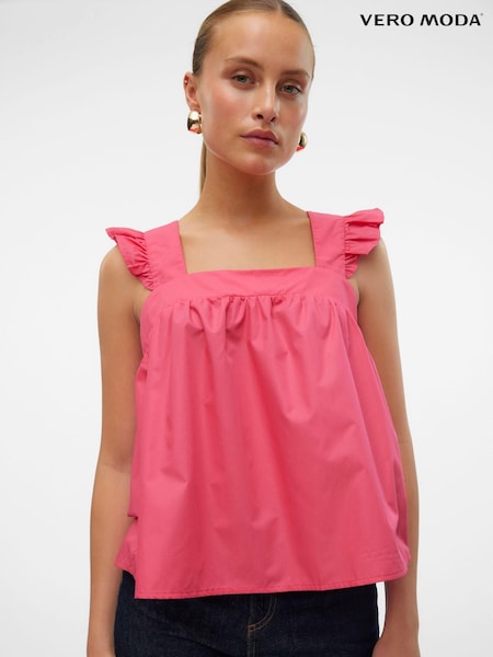 VERO MODA Pink Contrast Broderie Frill Square Neck Top (N09189) | 59 QAR