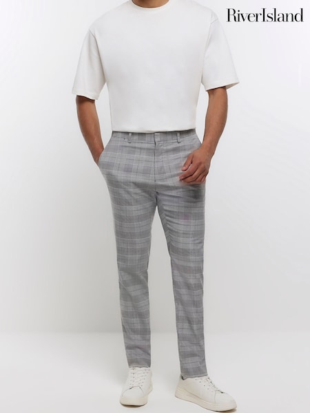 River Island Grey Tapered Pleat Check Trousers (N09238) | €17.50
