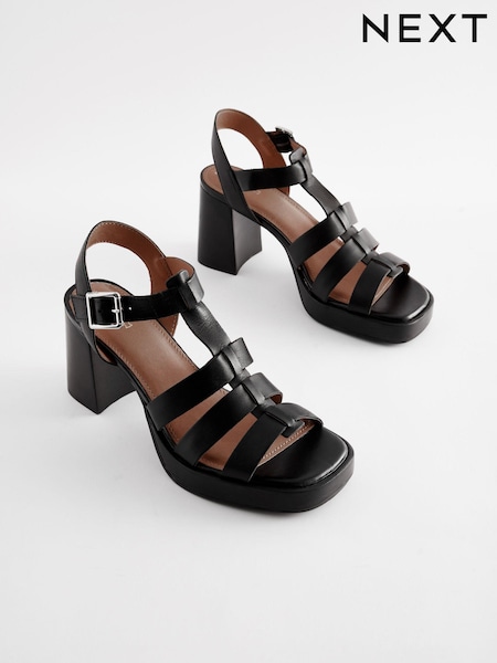 Black Forever Comfort Leather Fisherman Platform Heels (N09702) | €19