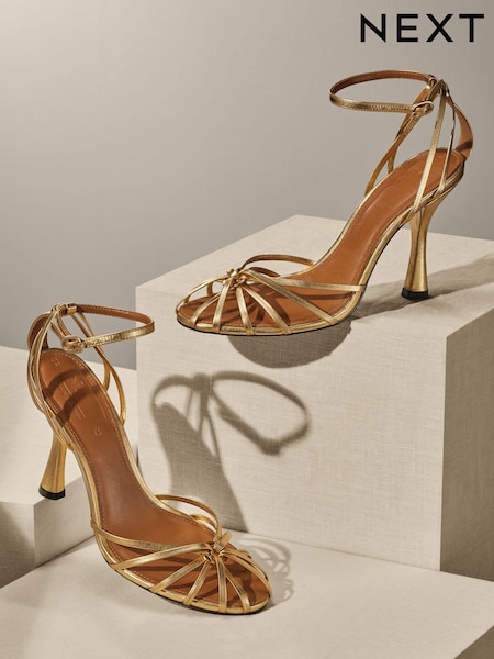Gold Premium Leather Cage Heeled Sandals (N09706) | € 36