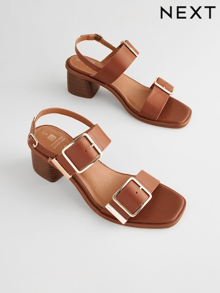 Tan Brown Forever Comfort Leather Buckle Block Heel Sandals (N09707) | €34