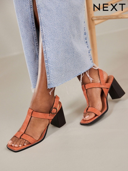Orange - Forever Comfort® Leather T-Bar Block Heel Sandals (N09721) | 13 €
