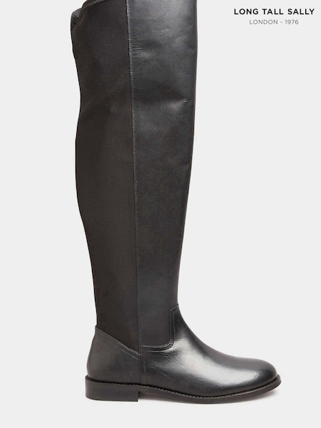 Long Tall Sally Black Stretch Over The Knee Leather Boots (N09963) | €147