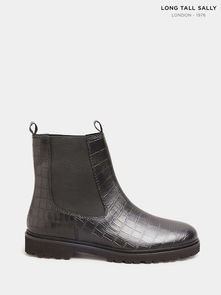 Long Tall Sally Black Leather Cleated Chelsea Croc Effect Boots (N10013) | AED233