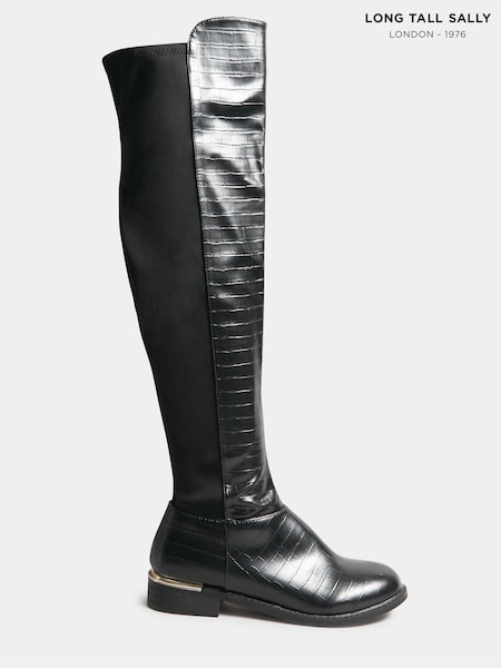 Long Tall Sally Black 50/50 Stretch Over The Knee Croc Effect Boots (N10043) | €89