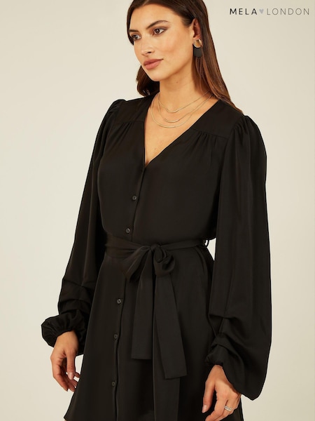 Negru - Rochie tip cămașă cu mânecă balon Mela (N10047) | 161 LEI
