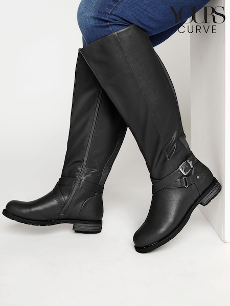 Yours Curve Black Wide Fit Metal Strap Knee Boots (N10283) | €34