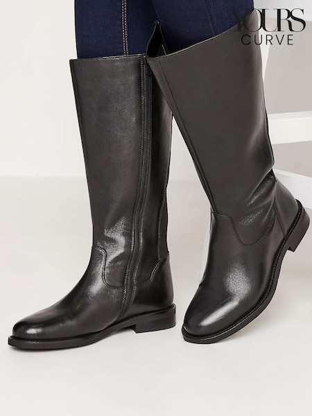 Yours Curve Black Extra-Wide Fit Leather Stretch Knee Boots (N10380) | €60
