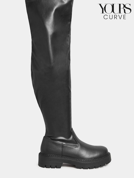Yours Curve Black Wide Fit Over The Knee Chunky Cleated Boots (N10381) | €41.50
