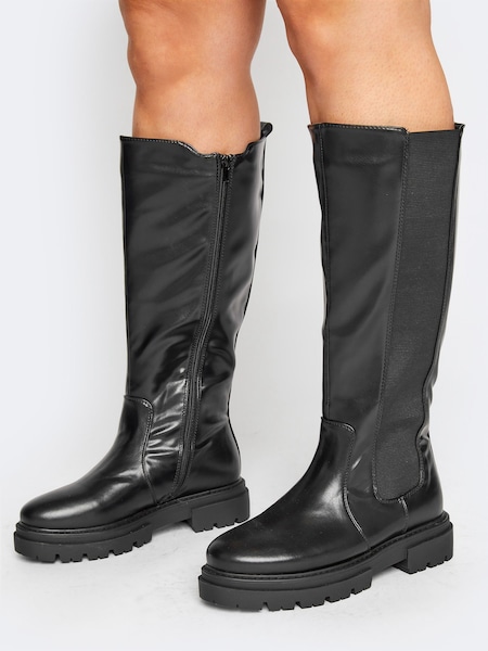 Yours Curve Black Wide Fit Elastic Knee Cleated Boots (N10453) | €30