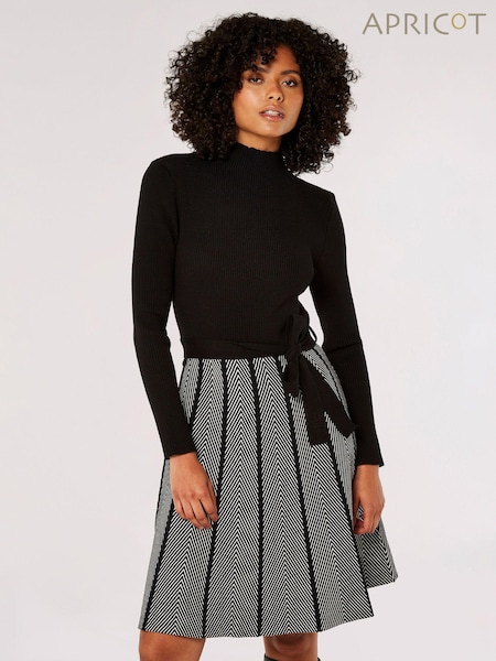 Apricot Black Chevron Skirt Tie Waist Knit Dress (N10614) | €59