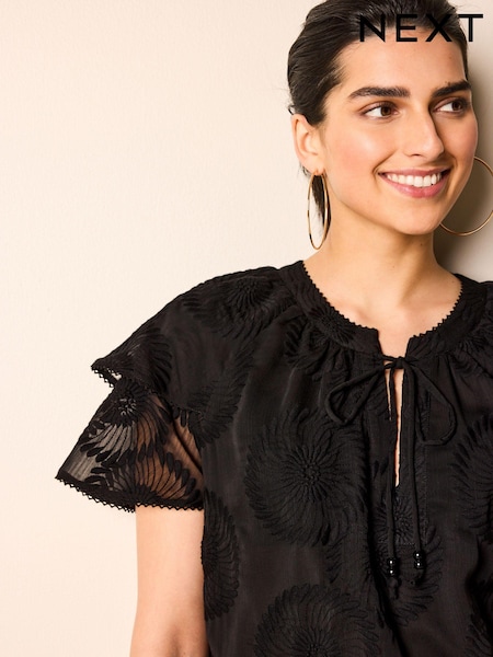 Black Tie Neck Double Sleeve Sunflower Blouse (N10635) | €7