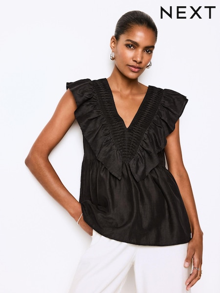 Black Sleeveless Ruffle V-Neck Top (N10642) | 78 QAR