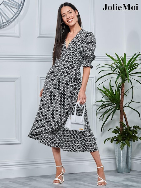 Jolie Moi Peyton Wrap Puff Sleeve Midi Black Dress (N11074) | €26