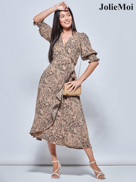 Jolie Moi Natural Animal Print Crepe Wrap Midi Dress (N11082) | €30
