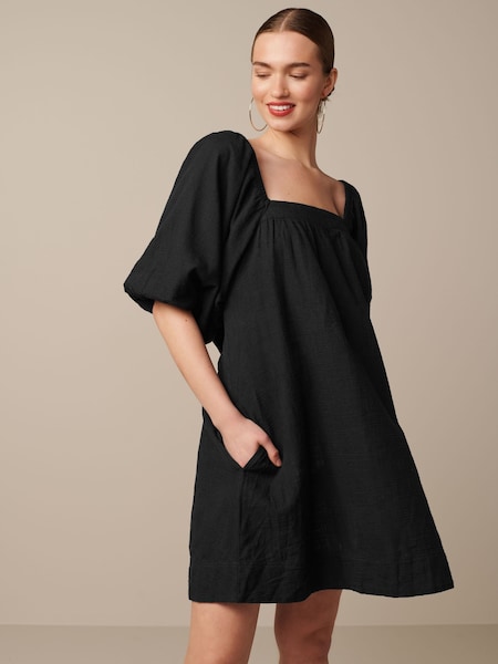 Black Linen Blend Puff Sleeve Mini Dress (N11101) | €14