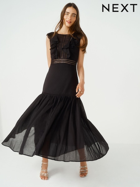 Черный - 100% Cotton Sleeveless Ruffle Lace Insert Maxi Dress (N11107) | €30