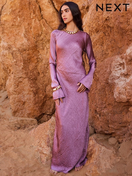 Rosérosa - Langärmeliges Maxi-Säulenkleid in Metallic-Optik (N11111) | 49 €