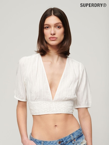 Superdry 100% Cotton Ibiza Shorts Sleeved Lace Trim Top (N11198) | 160 LEI