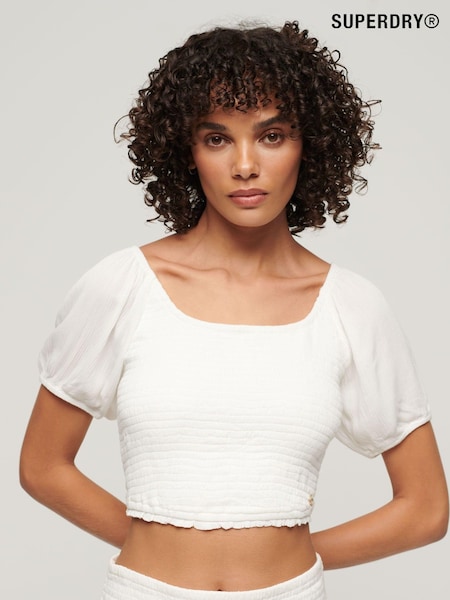 Alb - Superdry țesut cu mânecă scurtă și încrețituri (N11318) | 140 LEI