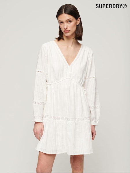 Superdry White Ibiza 100% Cotton Long Sleeved Tiered Mini Dress (N11372) | €42
