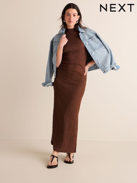 Rust Brown Textured Ruched High Neck Midi Dress (N11529) | €8