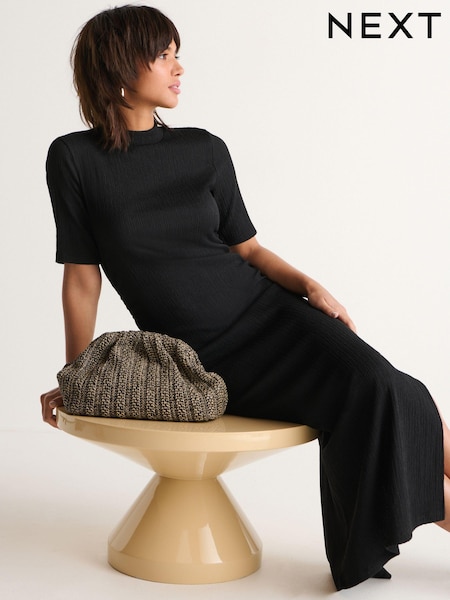 Negru - Rochie midi texturată cu guler înalt și încrețituri (N11535) | 114 LEI