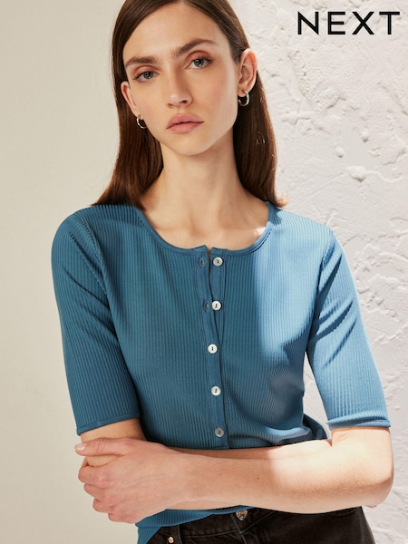 Petrolblau - Ribbed Short Sleeve Premium Henley T-Shirt (N11541) | 10 €
